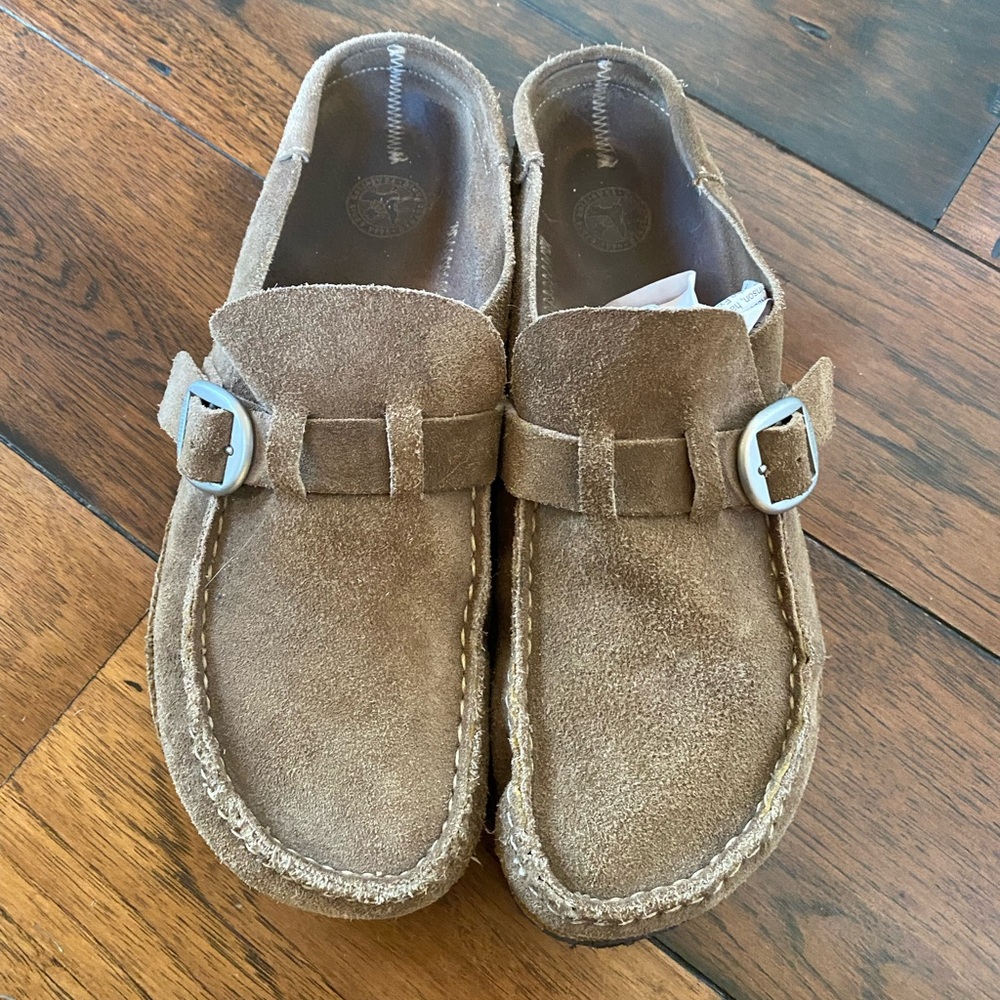 Birkenstock Buckley taupe tan slip in mule suede shoes 40 9
